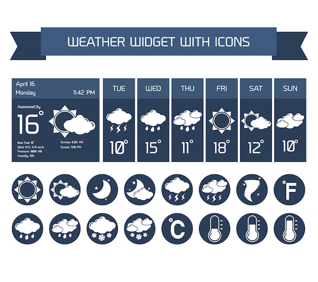 Free vector weather detailed forecast computer and mobile business widgets with vertical dark icons collection on white isolated vector illustration