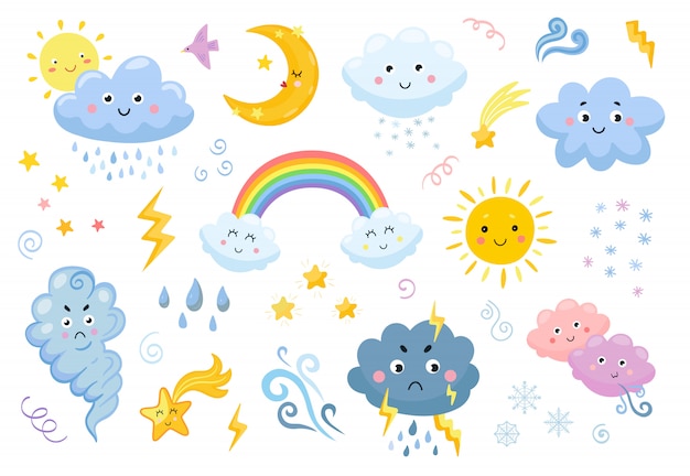 Weather emoticon flat icon set
