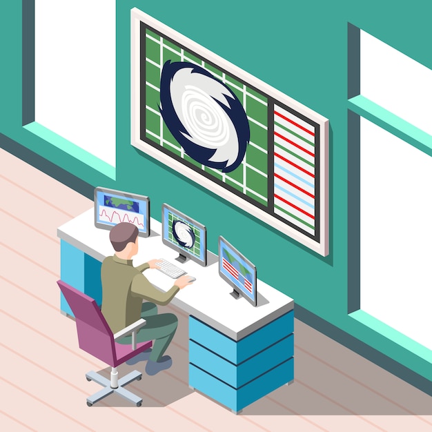 Weather forecaster at work place during research climate conditions isometric background with interior elements