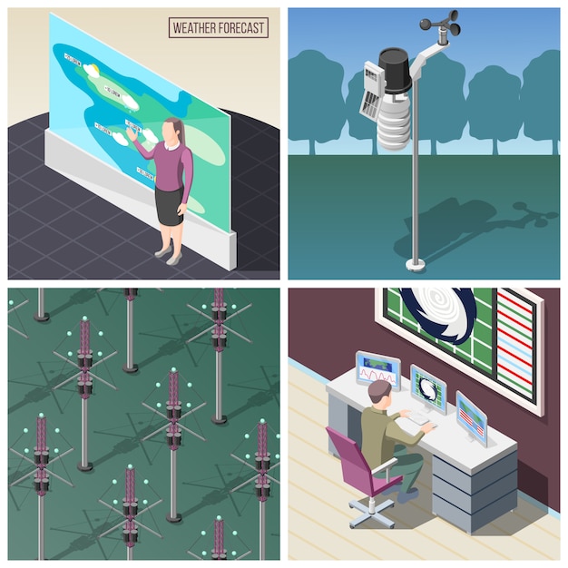 Free vector weather prediction  forecaster at work  wind measurement device  reflectors of radio signals  isometric concept