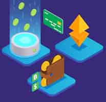 Free vector web 3.0 technology isometric concept with cryptocurrency symbols vector illustration