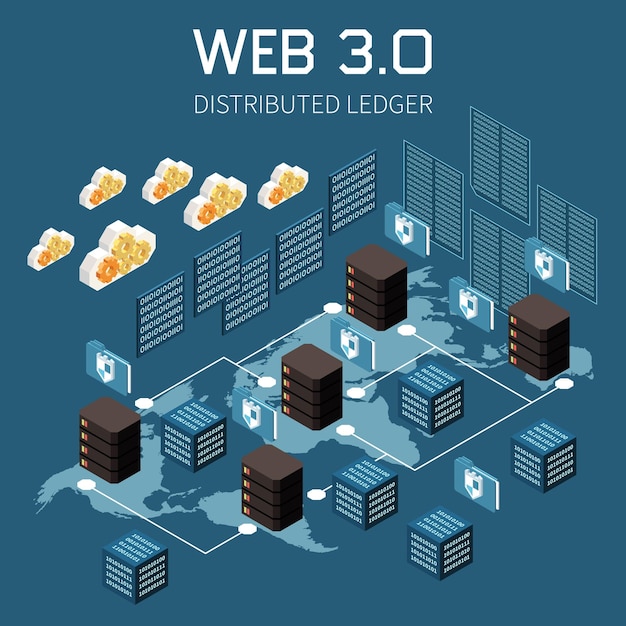 Free vector web 3.0 technology isometric concept with distributed ledger symbols vector illustration