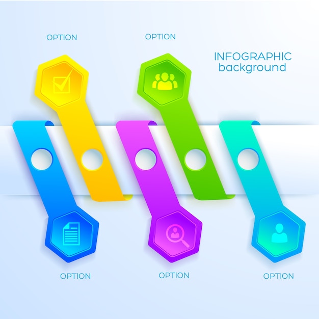 Web business astratto infografica con icone cinque nastri colorati ed esagoni