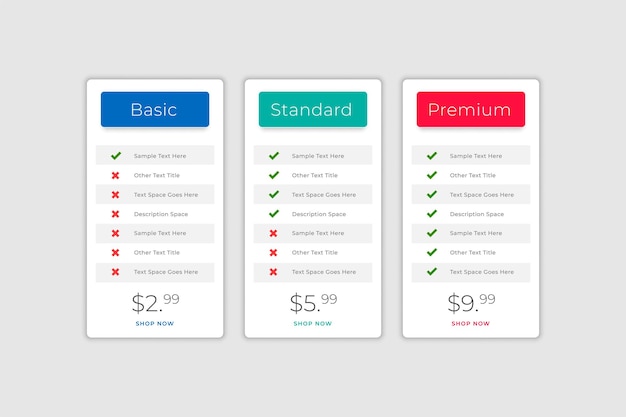 Web app pricing comparison table template