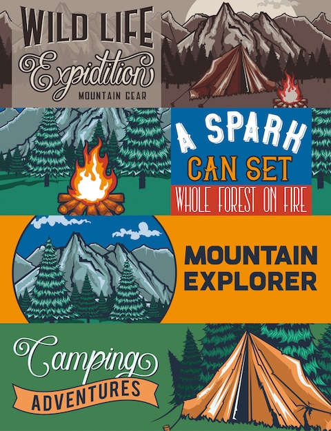 Шаблон веб-баннера с иллюстрациями тант, костра, леса и скал.