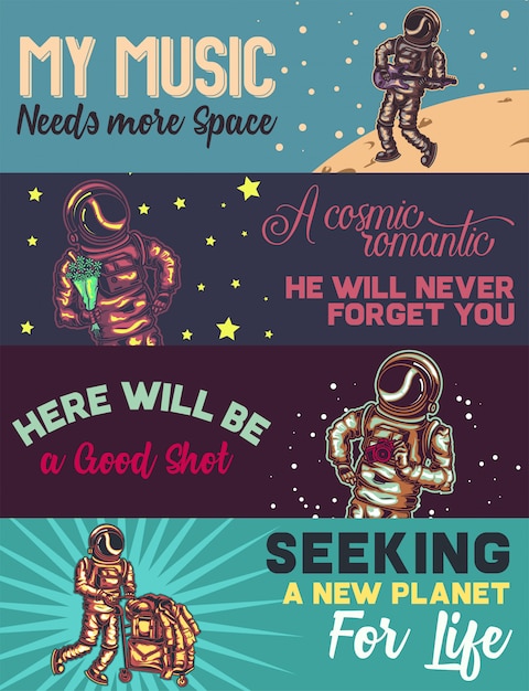 Шаблон веб-баннера с иллюстрациями космонавта с гитарой, цветами, фотоаппаратом и прочим.
