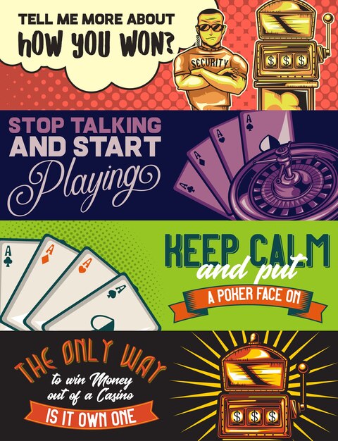 Web banner template with illustrations of a policeman, a casino, pocker cards and slot machine.