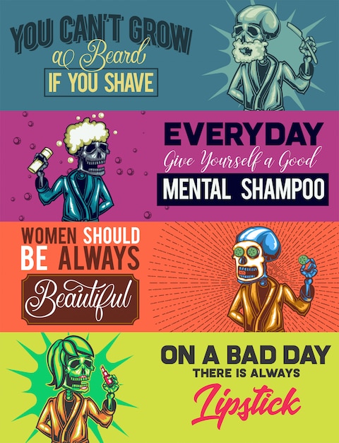 Free vector web banner template with illustrations of shaving, showering, having a mask and lipstic skeletons.