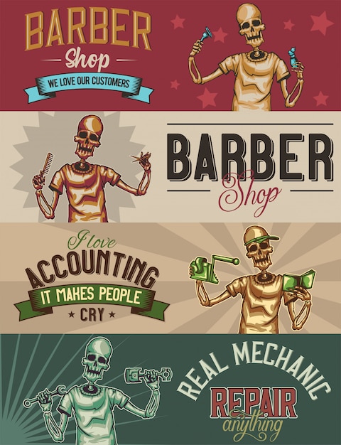 Free vector web banner template with illustrations of skeleton barber, mechanic and accountant.