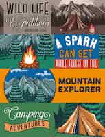 Free vector web banner template with illustrations of a tant, campfire, forest and rocks.