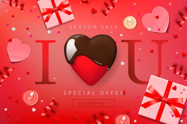 Web banner for valentines day sale. top view on composition with chocolate heart  gift box  confetti and streamers illustration.