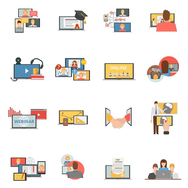 Web collaboration webinar flat icons set