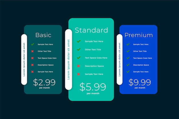 Free vector web comparison boxes of plans and pricing