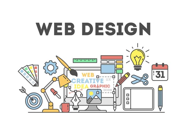 web design illustration with icons concept of creating websites creating logos and more