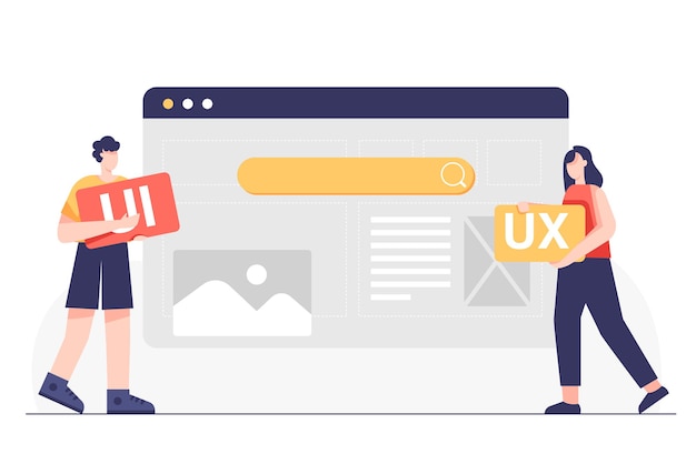 Web designers UI UX have to consider both aesthetics and ease of use that will confuse users. Vector cartoon illustration flat design