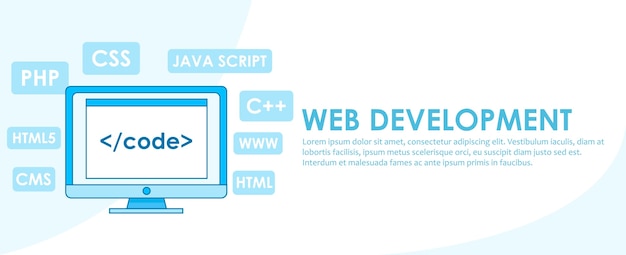 Web開発バナー。ウィンドウ付きコンピュータブラウザウィンドウ付きコンピュータ。