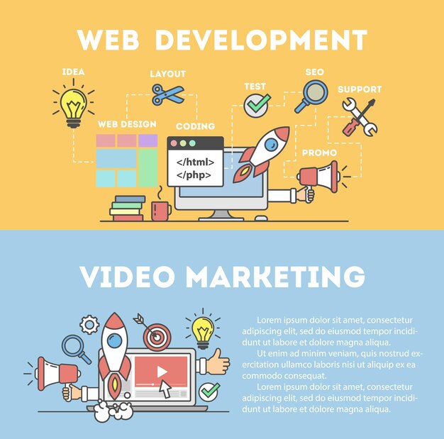 웹 개발 개념 및 비디오 마케팅 컴퓨터 장치 및 로켓 돋보기 확성기 등의 많은 아이콘