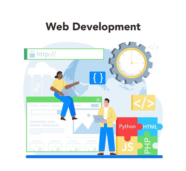 Web development concept Website optimization and web page interface design Coding and testing site in the internet Modern technology idea Isolated flat vector illustration