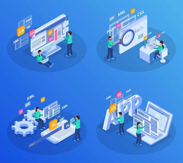 Free vector web development isometric colored concept illustration