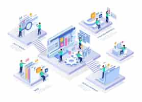 Free vector web development isometric concept infographics composition with platforms text captions and people characters icons and screens  illustration