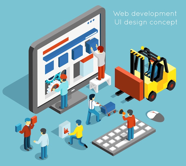 Free vector web development and ui design concept in flat 3d isometric style. technology website and computer interface design. web ui development vector illustration