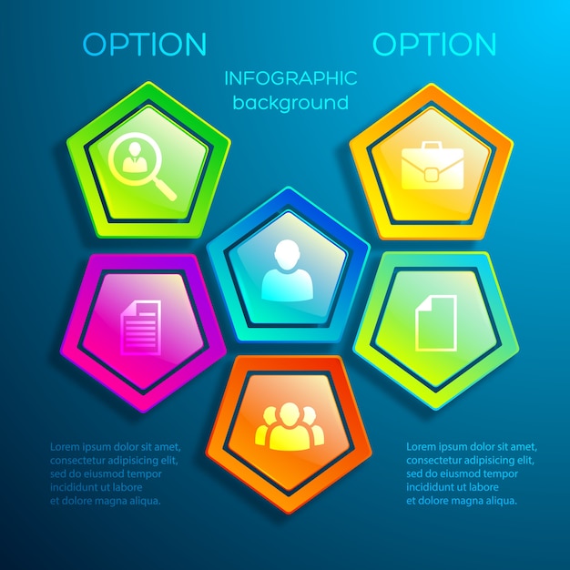 Web digital infographic template with glossy colorful hexagonal elements and business icons isolated
