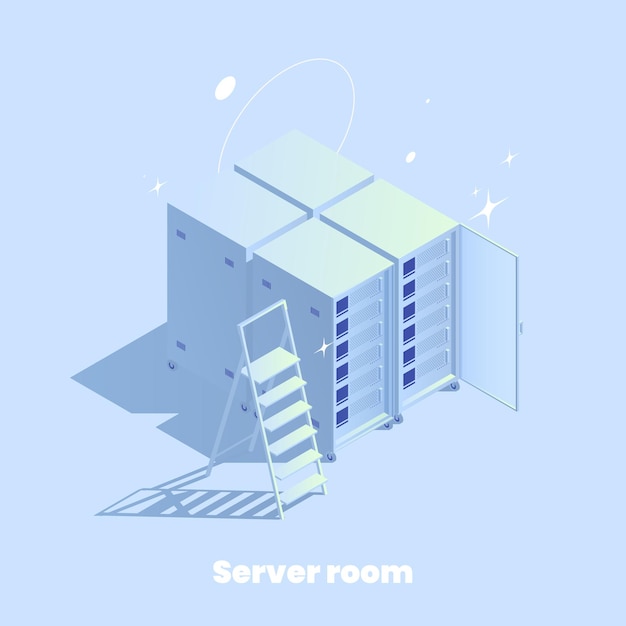 Free vector web hosting isometric composition of server rack icons ladder and editable text with silhouettes of stars vector illustration