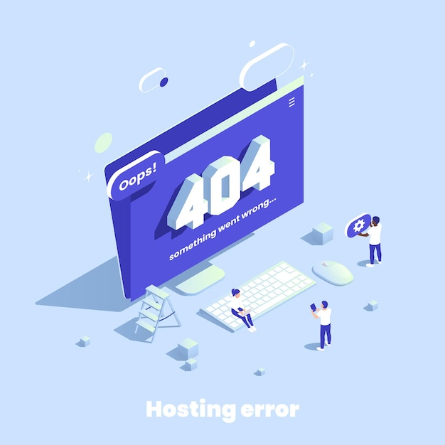 Vettore gratuito web hosting composizione isometrica con icone di parti di computer desktop con errore 404 e illustrazione vettoriale dei caratteri degli utenti