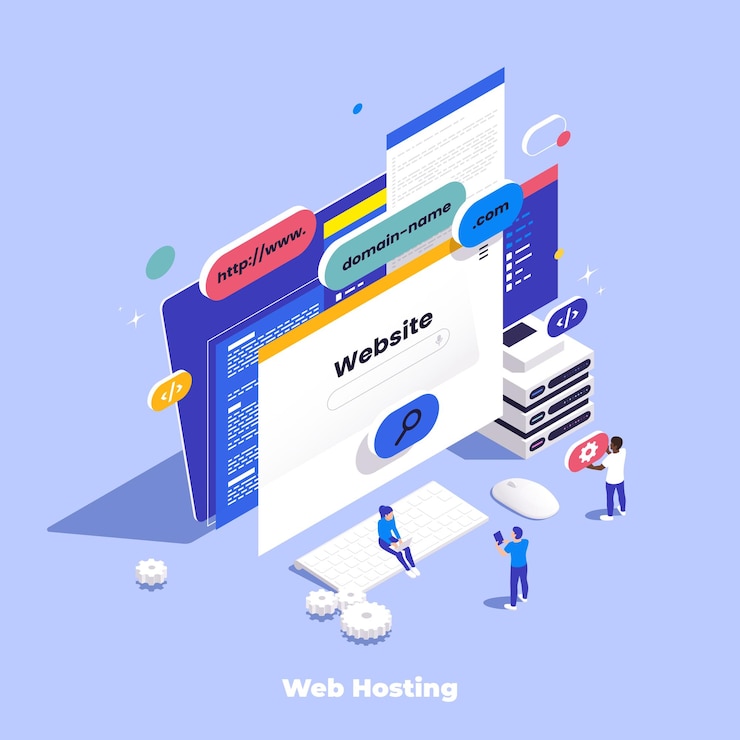 無料Vector web ホスティング等尺性組成物には、web サイト ウィンドウのアイコンと、人々 のベクトル図とデスクトップ コンピューター上のボタン