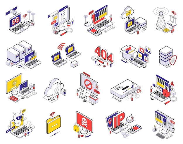 Web hosting isometric and isolated icon set with abstract situations elements signs vector illustration