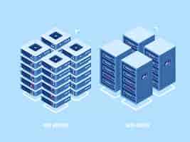 Free vector web hosting server rack, isometric icon of database and data center, blockchain digital technology