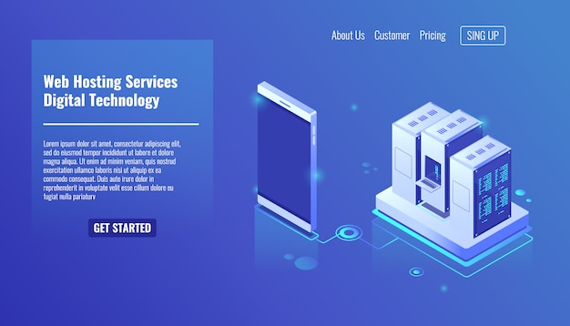 Web hosting services, isometric server room, digital technology, server rack