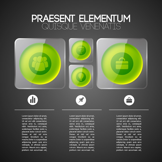 Free vector web infographic business template with green circles in gray glass square frames and icons