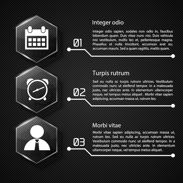 Concetto di infografica web con icone bianche di esagoni di vetro di testo tre opzioni sull'illustrazione di rete scura