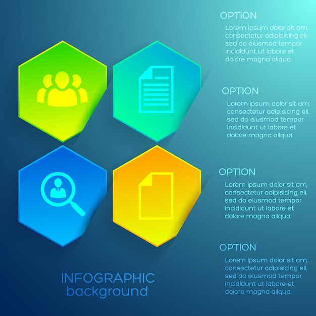 Concetto di design infografica web con icone di testo e quattro esagoni colorati