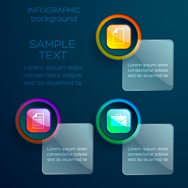 Веб-инфографический шаблон с бизнес-значками, красочными глянцевыми кнопками и стеклянными квадратами с изолированным текстом