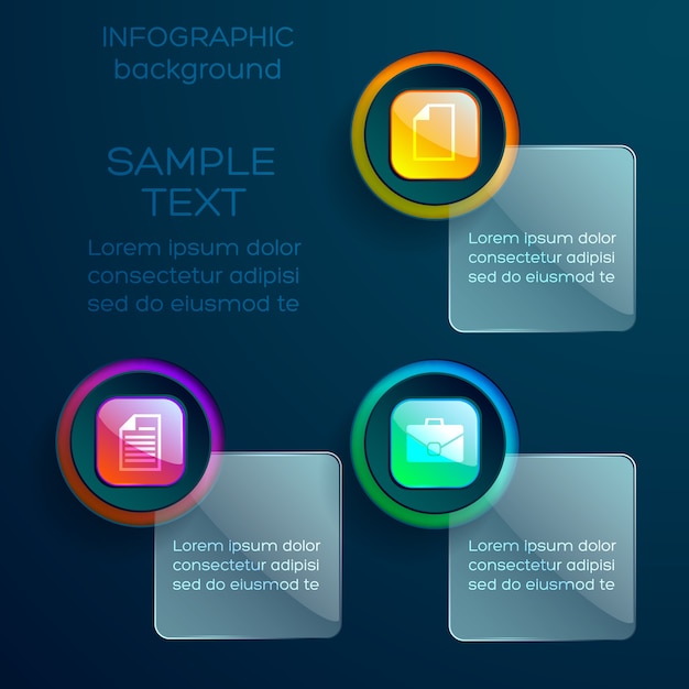 Modello di infografica web con icone di affari colorati pulsanti lucidi e quadrati di vetro con testo isolato