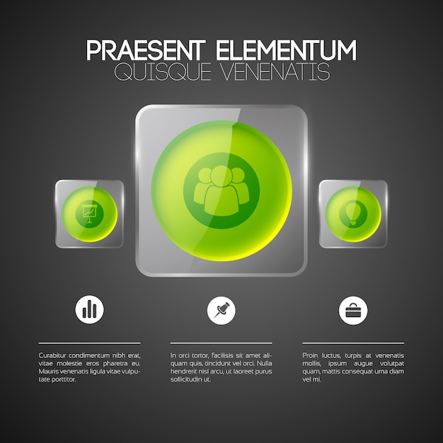 Vettore gratuito modello di infografica web con icone di affari tre pulsanti rotondi verdi in cornici quadrate di vetro