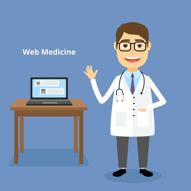 Web medicine illustration with a happy friendly doctor wearing a stethoscope