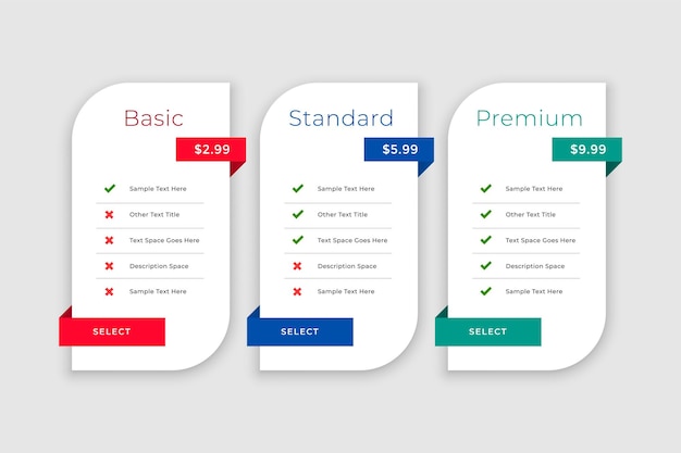 Web pricing comparison boxes table template