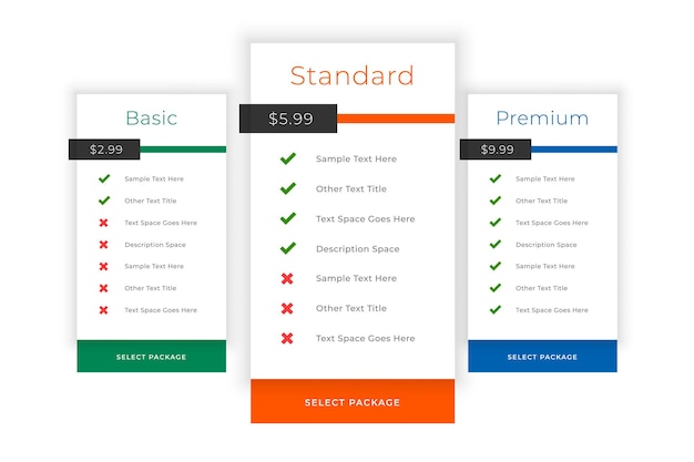 Free vector web pricing table comparison boxes template