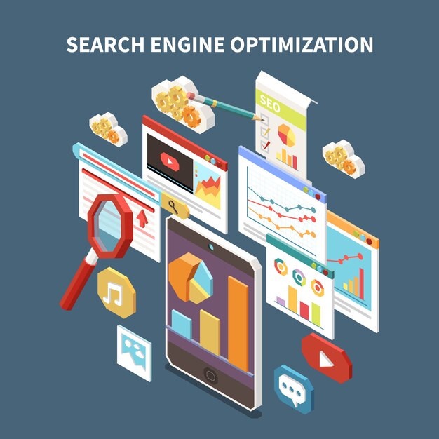 Web SEO isometric composition with search engine optimization headline and isolated elements  illustration