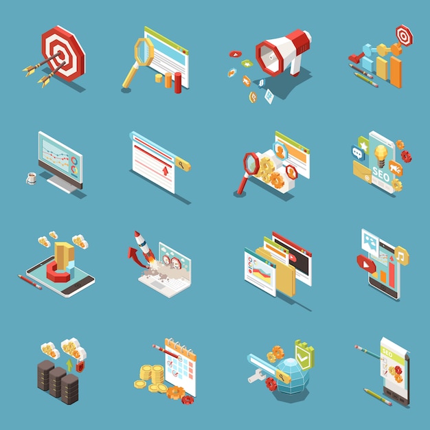 Web seo isometric icon set with work elements and abstract isolated tools graphs cups of coffee money and flags  illustration