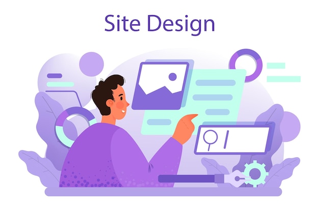 Free vector web site design concept presenting content on web pages website layout composition and color development idea of computer technology flat vector illustration