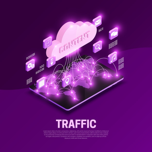 Composizione isometrica nel traffico web con l'illustrazione di simboli del contenuto mondiale