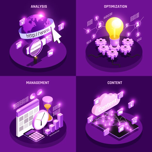 web traffic isometric concept icons set with optimization and management symbols isolated  illustration