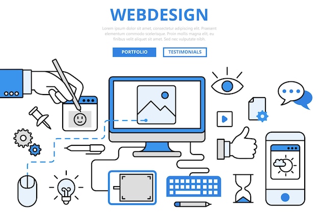 ウェブデザインウェブサイトデザインguiユーザーインターフェースワイヤーフレームプロトタイプフロントエンド開発インターネットコンセプトフラットラインアートアイコン。