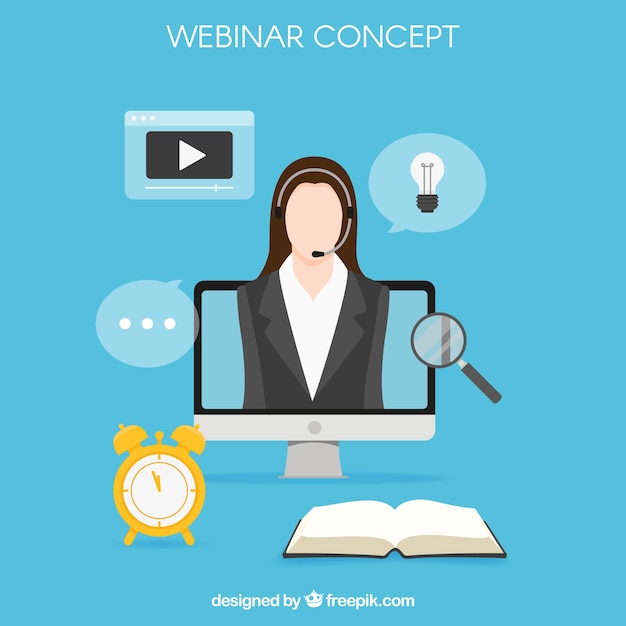 Webinar concept with businesswoman in computer