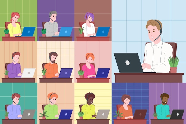 Webinar, video conferencing vector illustration, online meeting concept, work from home, flat design. teleworking, social distancing, business discussion. character talking with colleagues online.
