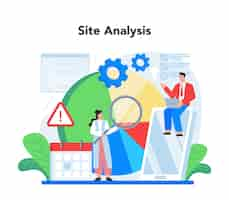 Free vector website analyst concept web page improvement for business promotion as a part of marketing strategy website analysis to get data for seo isolated flat illustration